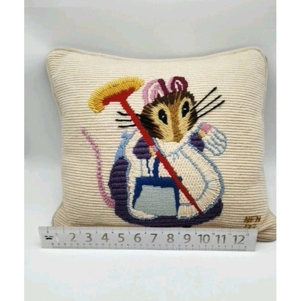 Handmade Embroidered Mouse Pillow Signed 1977.